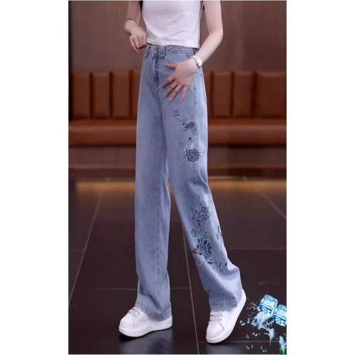 美式弯刀竹节纹阔腿牛仔裤女秋季2025新款浅色高腰显瘦直筒拖地裤