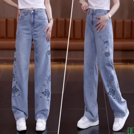 美式弯刀竹节纹阔腿牛仔裤女秋季2025新款浅色高腰显瘦直筒拖地裤