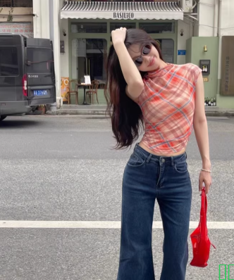 复古红色格子半领短袖T恤女夏季修身显瘦美式辣妹露脐短款上衣