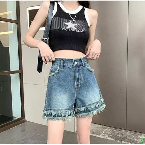 2024夏季港风复古蓝高腰牛仔短裙通勤纯色简约A字裙包臀裙