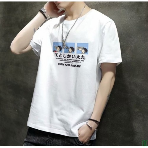 短袖男士夏季t恤圆领印花韩版潮流修身半袖上衣白色打底体恤服装