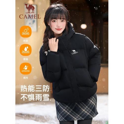 骆驼羽绒服女装2025秋冬季连帽短款面包服黑色加厚保暖男女外套