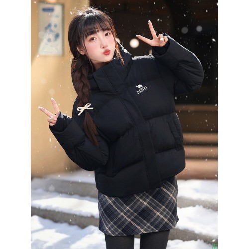 骆驼羽绒服女装2025秋冬季连帽短款面包服黑色加厚保暖男女外套