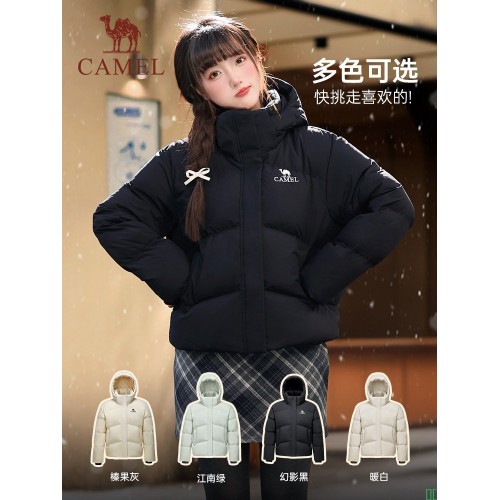骆驼羽绒服女装2025秋冬季连帽短款面包服黑色加厚保暖男女外套