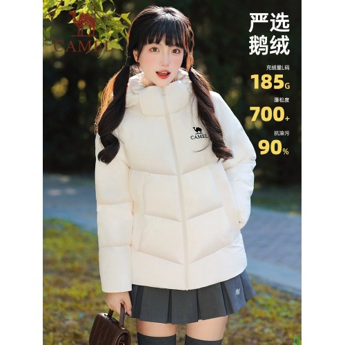 骆驼女装羽绒服2025新款冬季鹅绒保暖外套户外三防立领连帽面包服