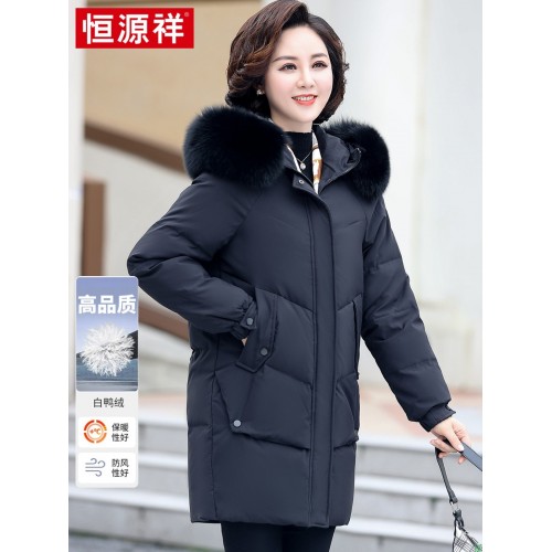 恒源祥品牌中年妈妈羽绒服女中长款洋气冬季中老年人大码加厚外套-淘宝网