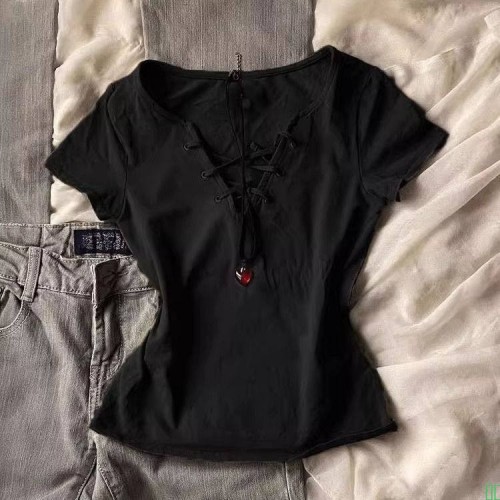 2025时尚美式复古绑带短袖高级新款修身收腰夏季版型辣妹设计休闲