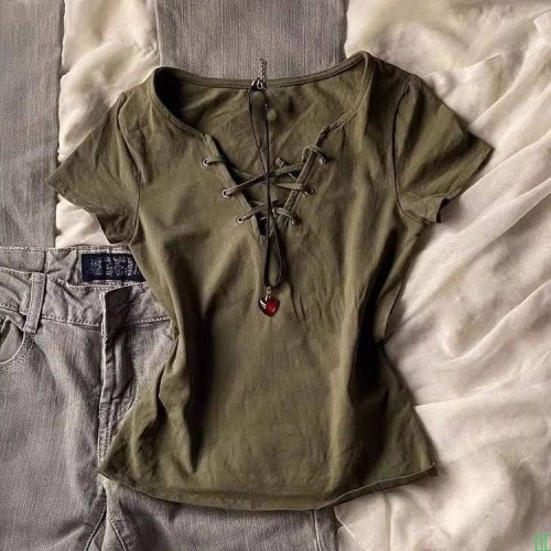 2025时尚美式复古绑带短袖高级新款修身收腰夏季版型辣妹设计休闲