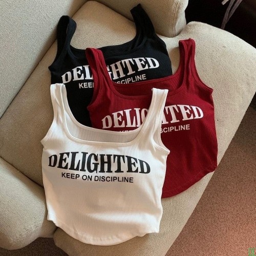 2026夏季新款韩版修显瘦字母印花设计感吊带背心外穿内搭方领上衣