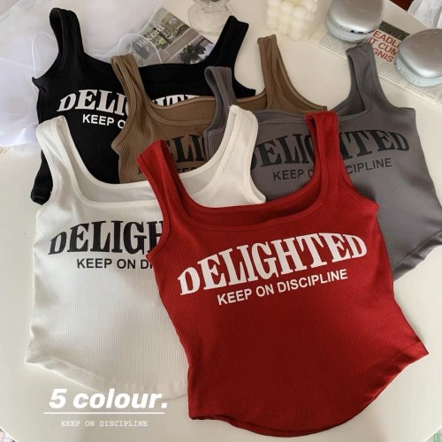 2026夏季新款韩版修显瘦字母印花设计感吊带背心外穿内搭方领上衣