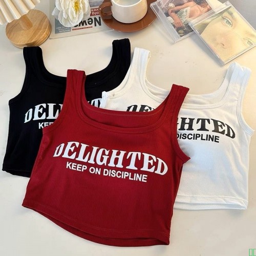 2026夏季新款韩版修显瘦字母印花设计感吊带背心外穿内搭方领上衣