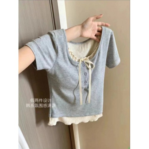 纯欲芭蕾风假两件短袖T恤女夏设计感小众蝴蝶结性感辣妹撞色上衣