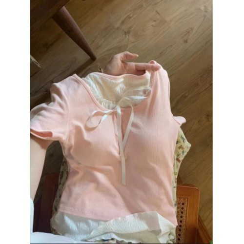 纯欲芭蕾风假两件短袖T恤女夏设计感小众蝴蝶结性感辣妹撞色上衣