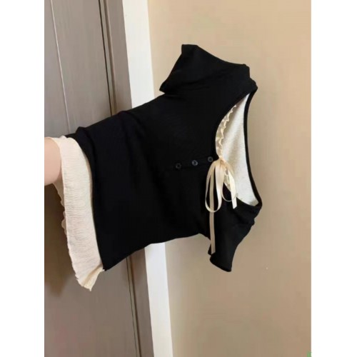 纯欲芭蕾风假两件短袖T恤女夏设计感小众蝴蝶结性感辣妹撞色上衣