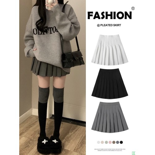 灰色毛呢半身裙女春秋冬季2026新款高腰显瘦a字防走光百褶jk短裙