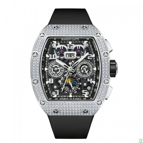 布加迪（BONEST_GATTI）手表男士德国机械表全自动镂空夜光腕表情人节生日新年礼物送男友_多功能BG5004-R1银壳黑面黑胶带【图片_价格_品牌_报价】