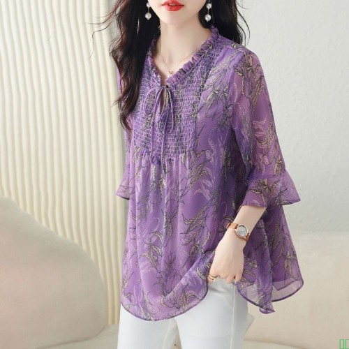 大码妈妈装女夏洋气加肥宽松显瘦遮肚子短袖雪纺衫中老年上衣小衫