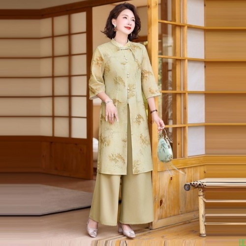 中年妈妈夏装中长款外套阔腿裤套装春夏季七分袖国风上衣女两件套