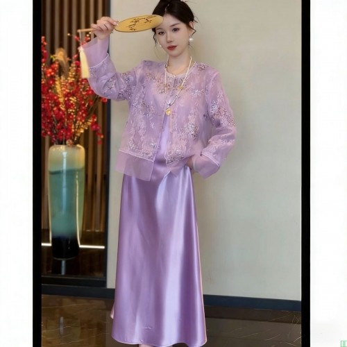 2026春夏新款修身蕾丝圆领气质高级感钉珠刺绣新中式国风套装