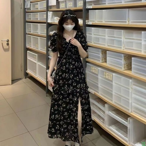 高级灰波点短袖连衣裙女夏2024新款系带韩版宽松简约时尚大气清凉