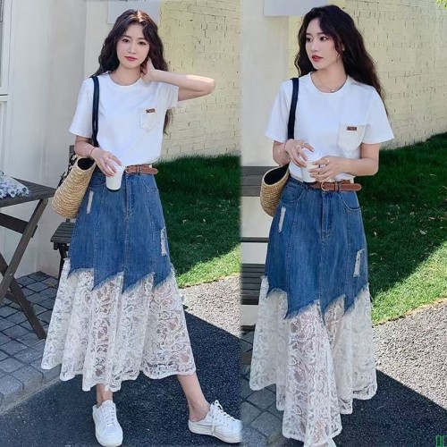 高级小众不撞款穿搭蕾丝拼接牛仔半身裙短袖套装女夏巨好看一整套