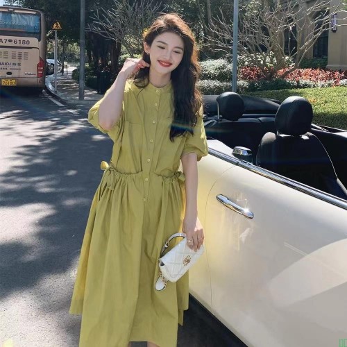 春夏季法式高级感气质连衣裙茶歇收腰泡泡袖小个子黑色长裙子
